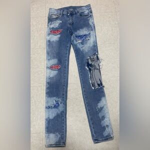MNMI Blue Distressed Jeans with Red and Blue Patches